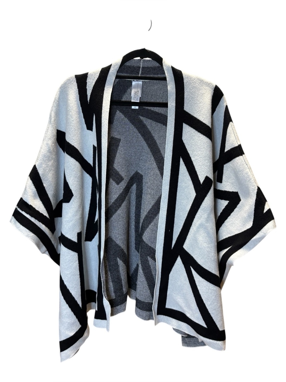 Wynne Collection Open-Front Black & White Geometric Knit Cardigan